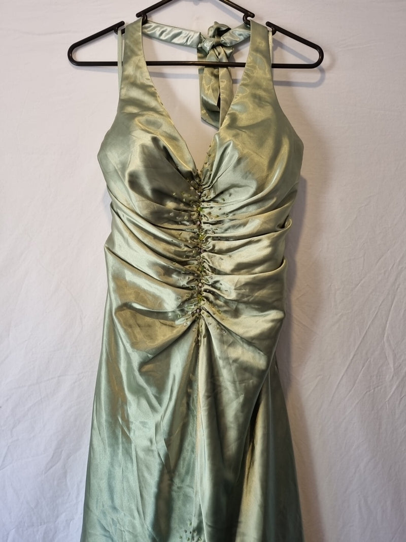 Giovanni Satin Green Ruched Beaded Halter Neck Evening Bridesmaid Dress Sz 101