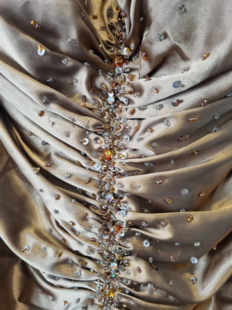 Imoda Brown Bronze Satin Ruched Beaded Halter Evening Bridesmaid Dress Sz 85