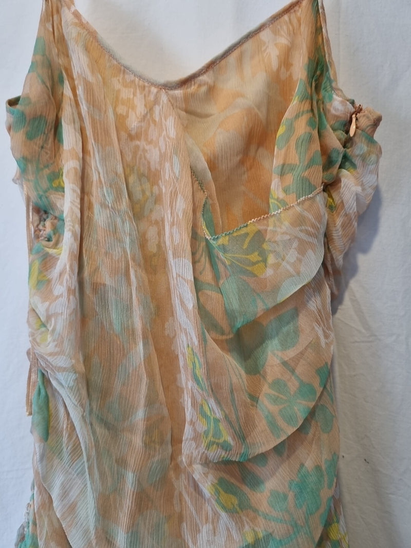 Imoda Chiffon Peach Floral Ruched Layered Casual Silk Dress Size 123