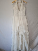 Isabella Faye Ivory Chiffon Ruched Beaded Halter Neck Train Wedding Dress Sz 120