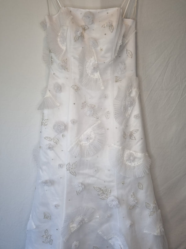 Isabella Faye White Organza Fan Embellished Beaded Train Wedding Dress Sz 121