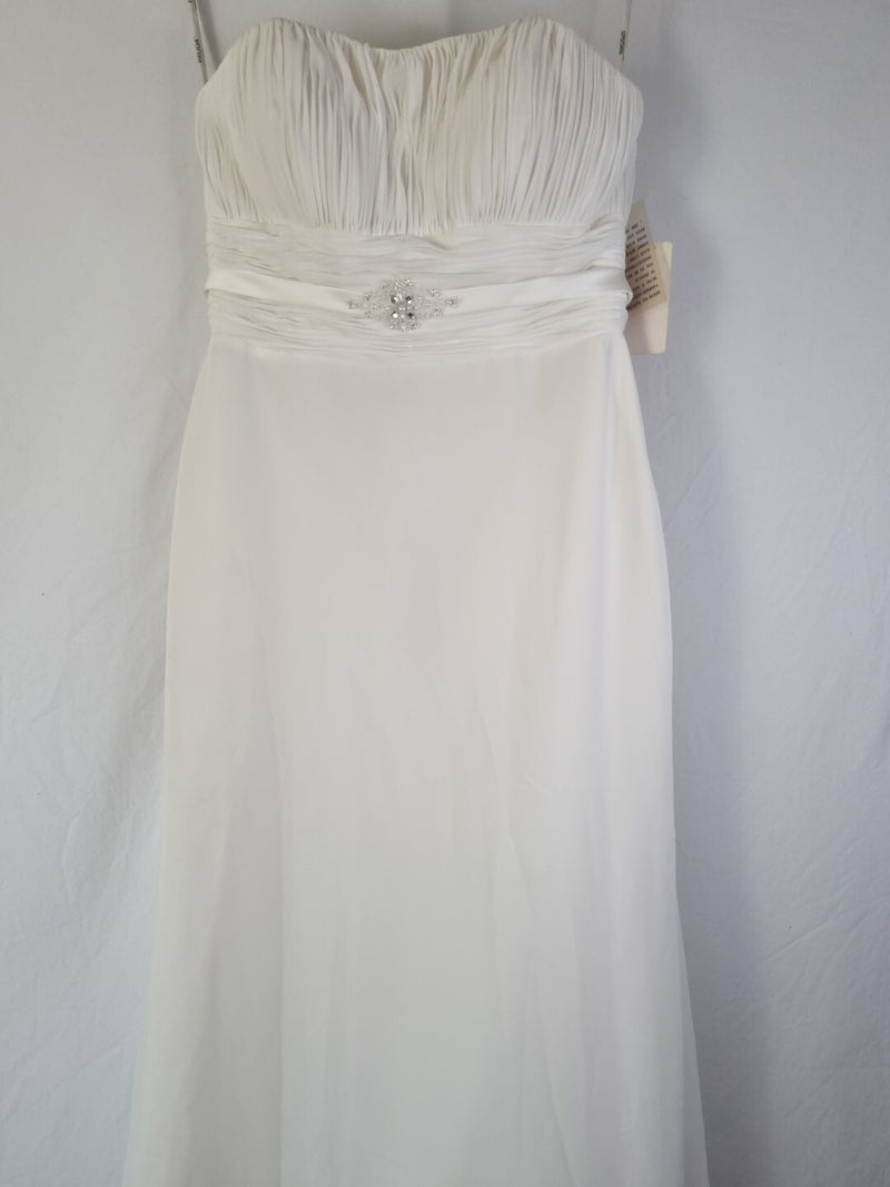 Imoda Ivory Chiffon Ruched Pearl Beaded Train Wedding Dress Sz 101