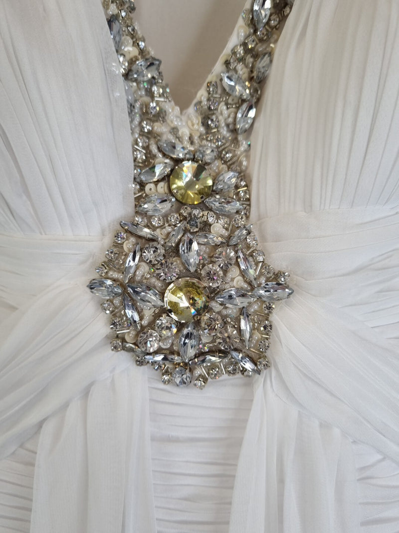 Imoda White Chiffon V neck Beaded Ruched Crystal Fitted Wedding Dress Sz 126