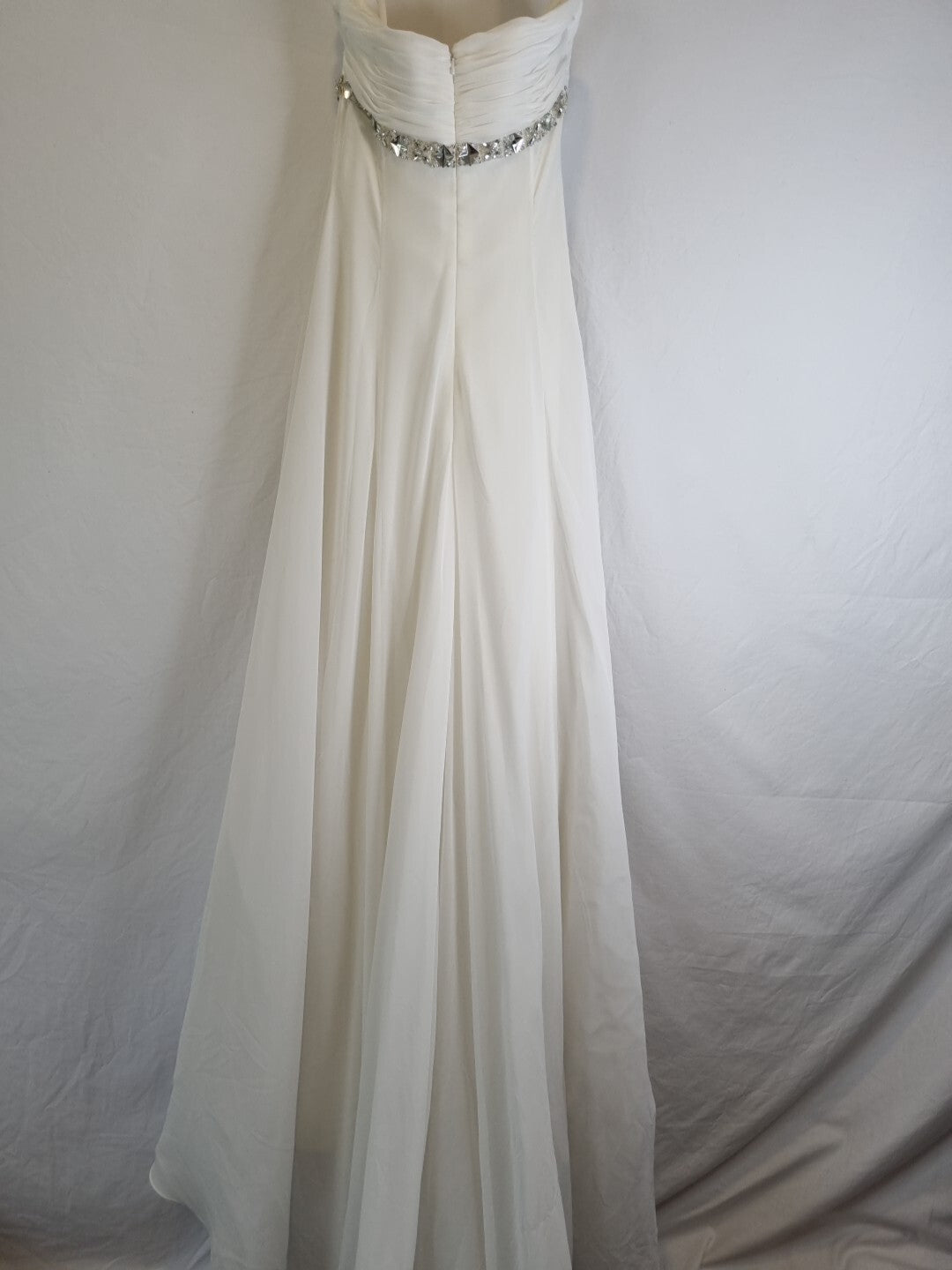 Imoda Ivory Chiffon Ruched Crystal Beaded Train Wedding Dress Sz 87