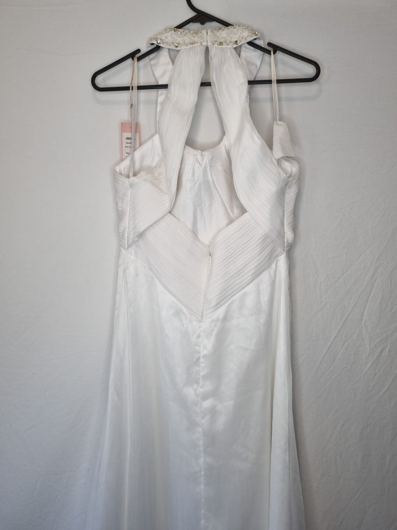 Imoda White Chiffon Ruched Beaded Round Neck High Back Wedding Dress Sz 107