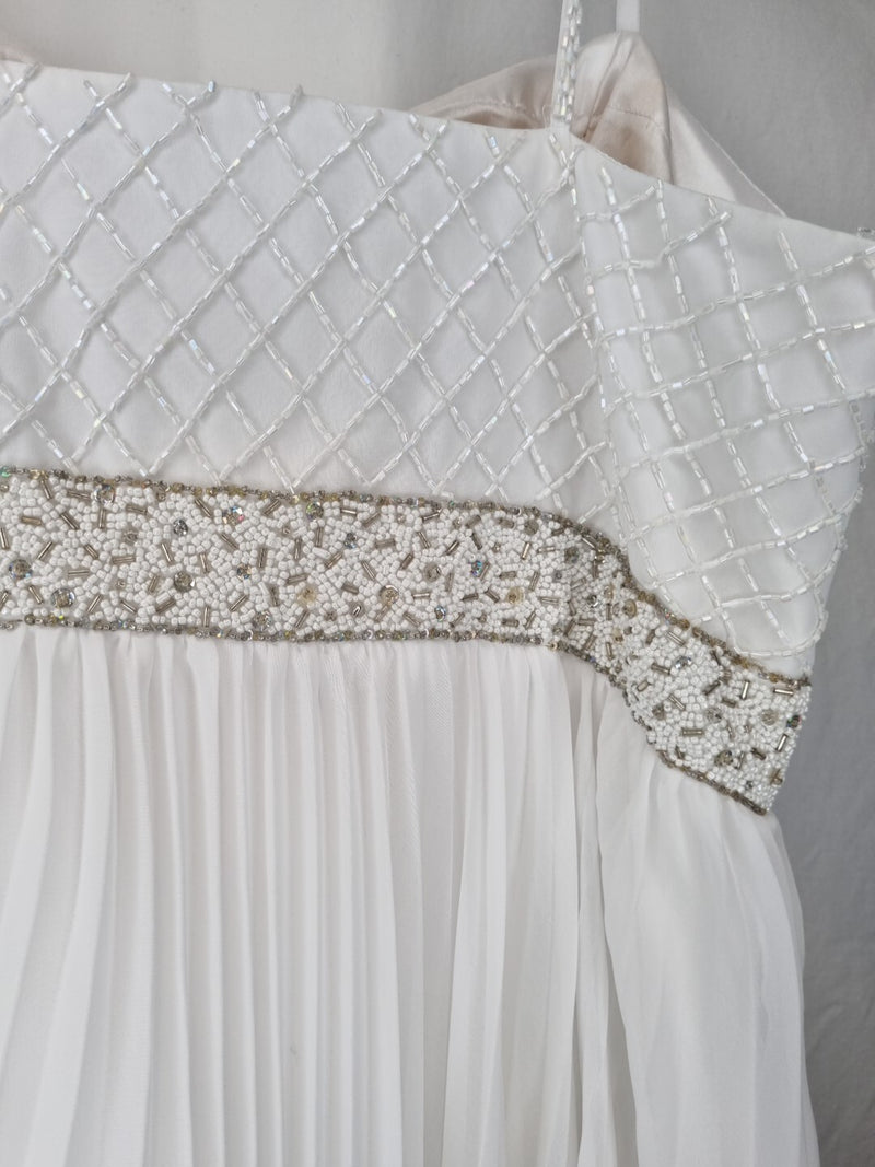 Imoda White Chiffon Pleated Beaded Tiered Strapped Wedding Dress Sz 1012
