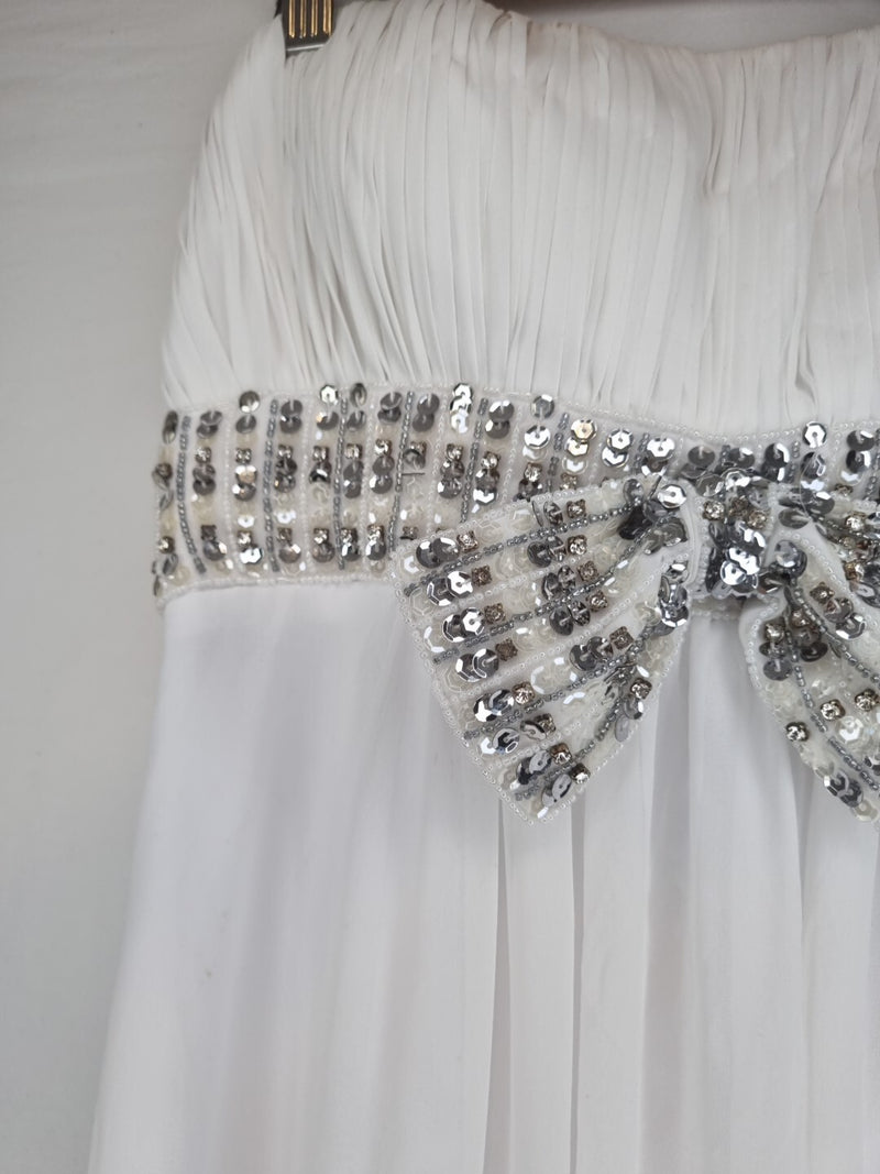 Imoda White Chiffon Ruched Beaded Sweetheart Strapless Wedding Dress Sz 124