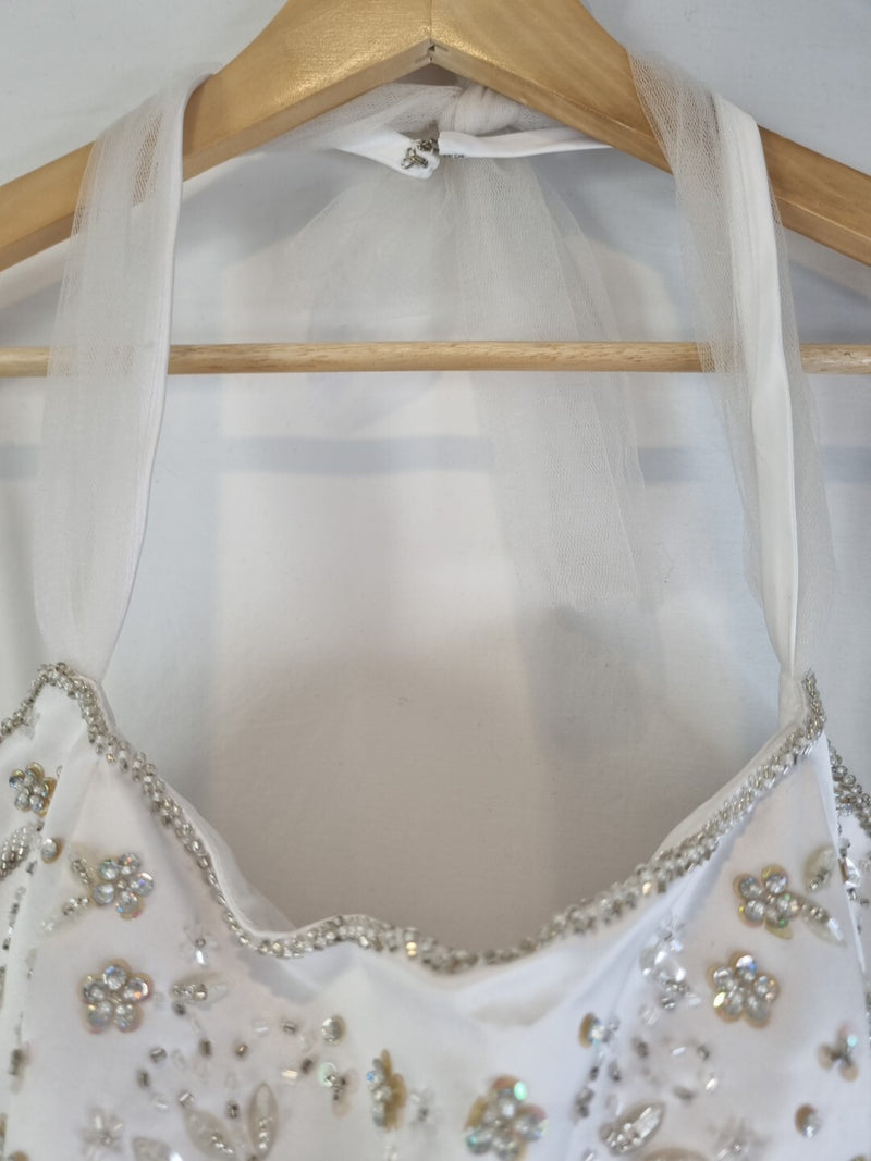 Imoda White Satin Tulle Beaded Sequin Backless Halter Neck Wedding Dress Sz 85