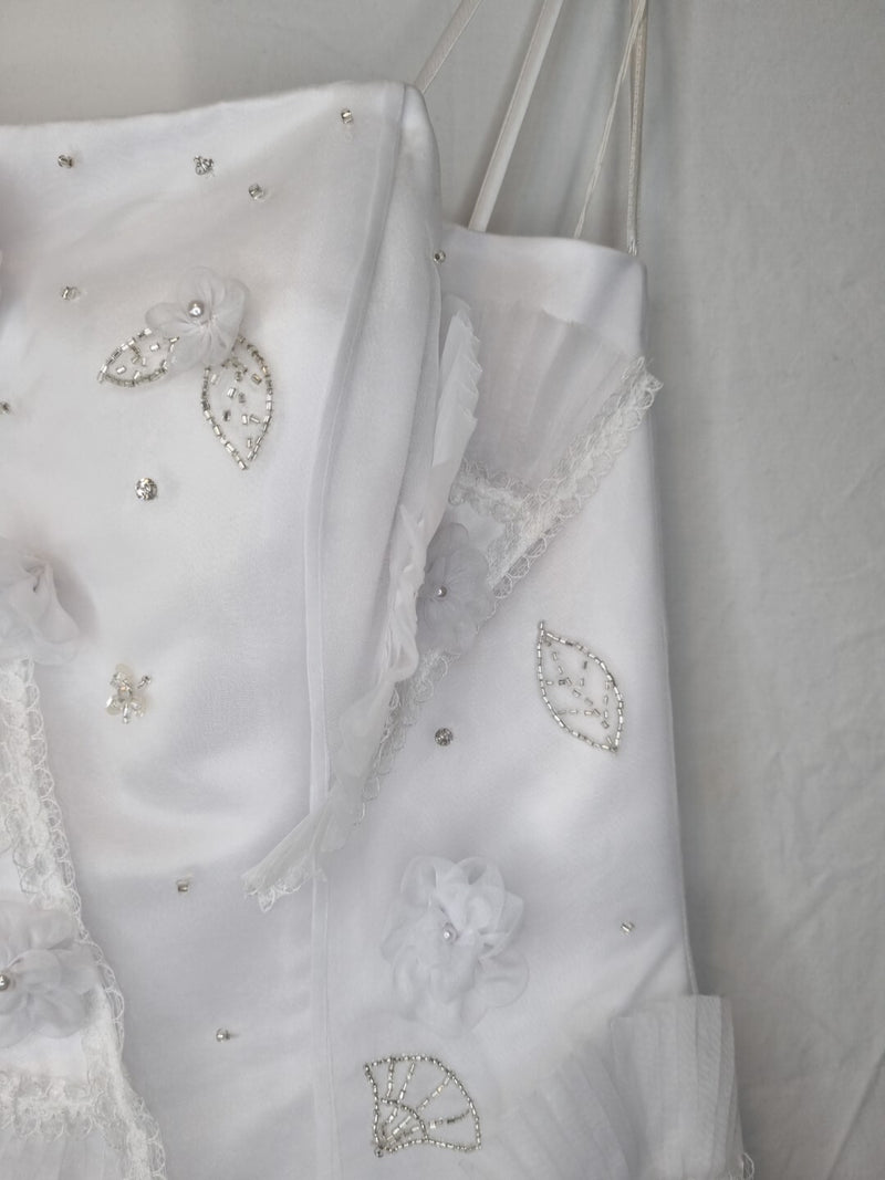 Isabella Faye White Organza Fan Embellished Beaded Train Wedding Dress Sz 126