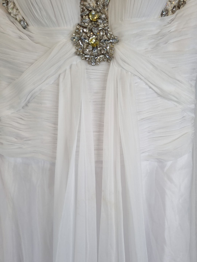 Imoda White Chiffon V neck Beaded Ruched Crystal Fitted Wedding Dress Sz 127