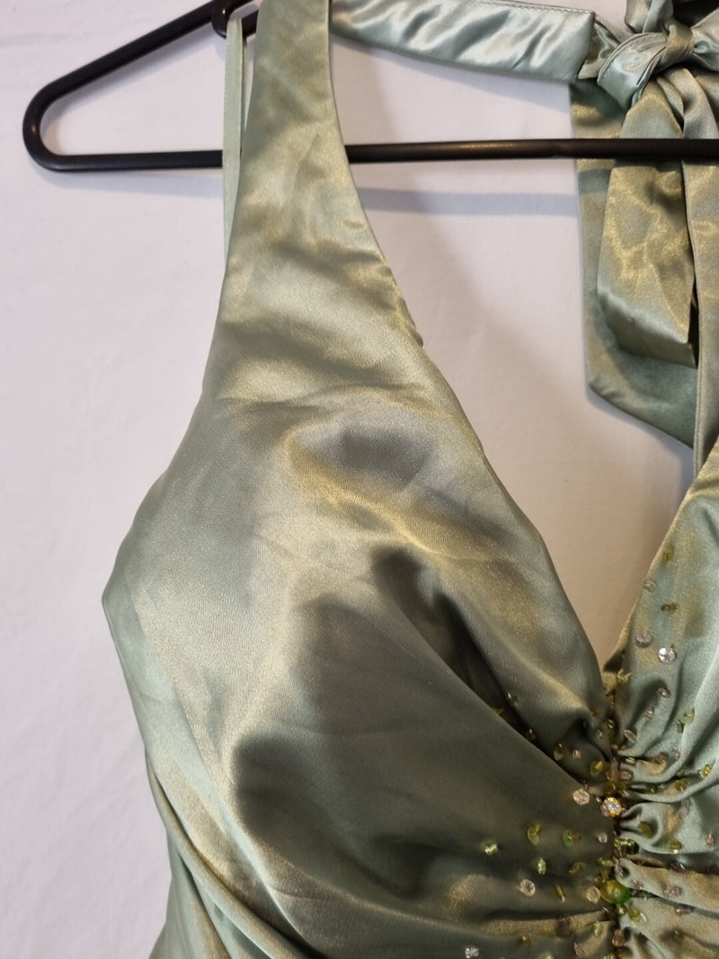 Giovanni Satin Green Ruched Beaded Halter Neck Evening Bridesmaid Dress Sz 106