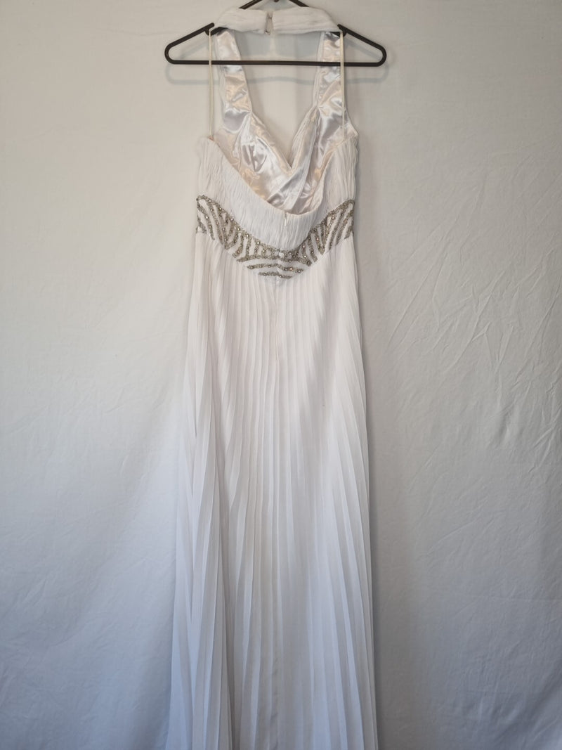 Imoda White Chiffon Ruched Pleated Beaded Grecian Empire Wedding Dress Sz 128