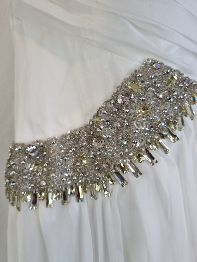 Imoda Ivory Chiffon One Shoulder Ruched Crystal Diamante Bead Wedding Dress Sz 84