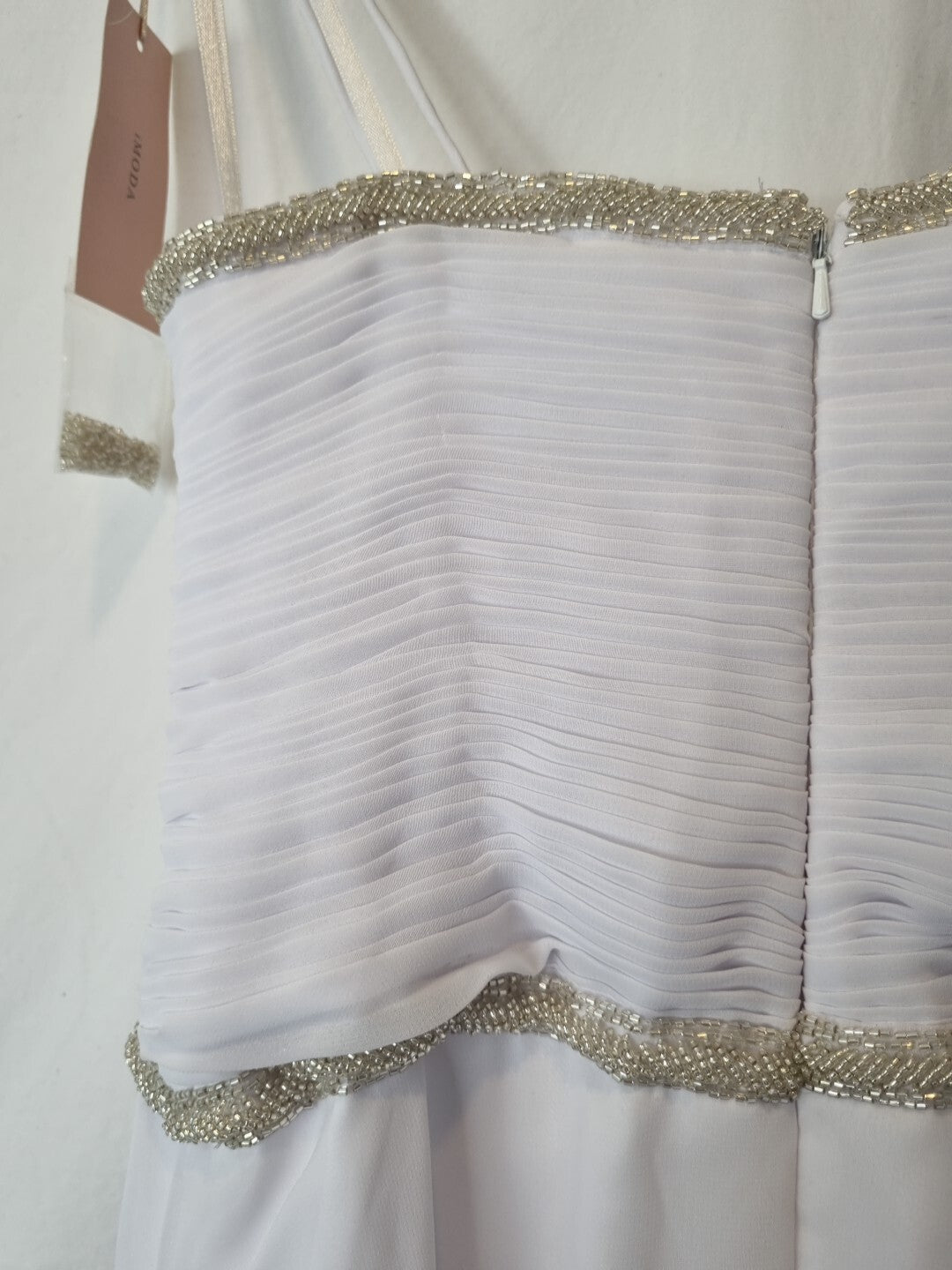 Imoda White Chiffon Sweetheart Beaded Ruched Empire Wedding Dress Sz 811