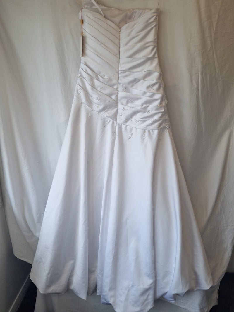 iModa White Satin A-line Beaded Sequin Pleated One Shoulder Wedding Dress Sz 1010