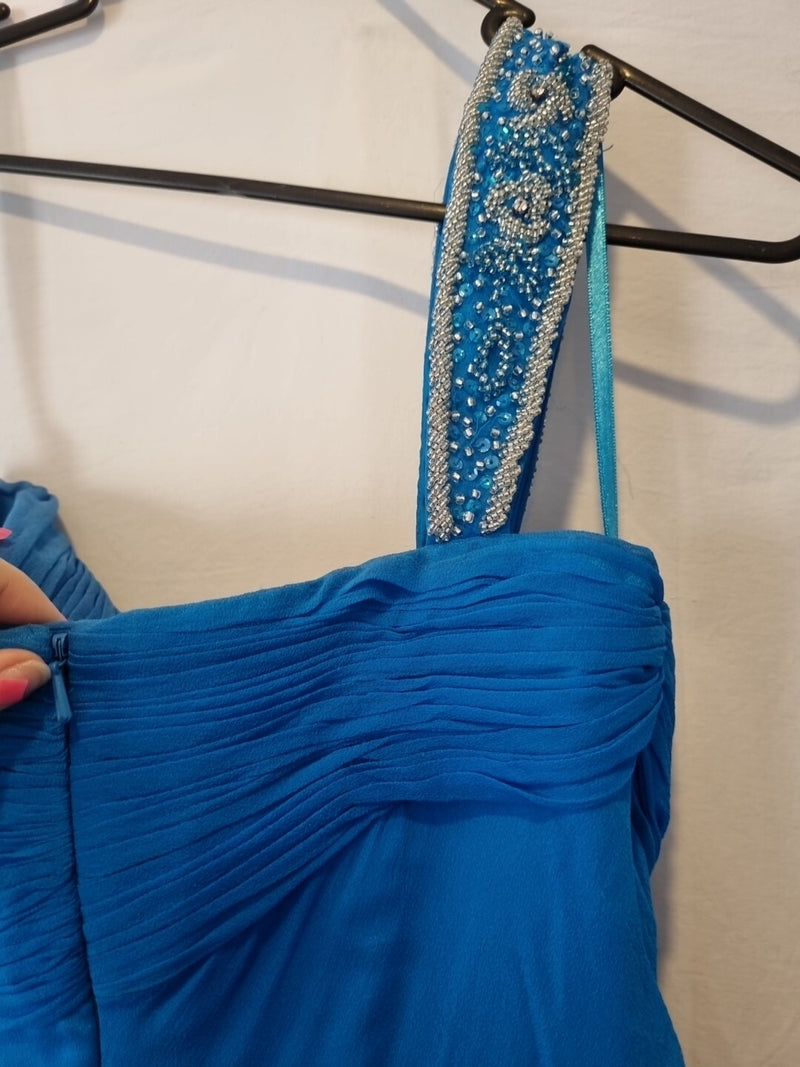 Imoda Chiffon Blue Ruched Beaded One Shoulder Evening Bridesmaid Silk Dress Sz1016