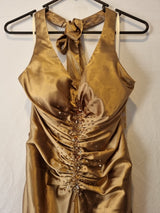 Imoda Brown Bronze Satin Ruched Beaded Halter Evening Bridesmaid Dress Sz 83