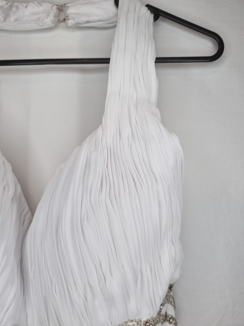 Imoda White Chiffon Ruched Pleated Beaded Grecian Empire Wedding Dress Sz 124