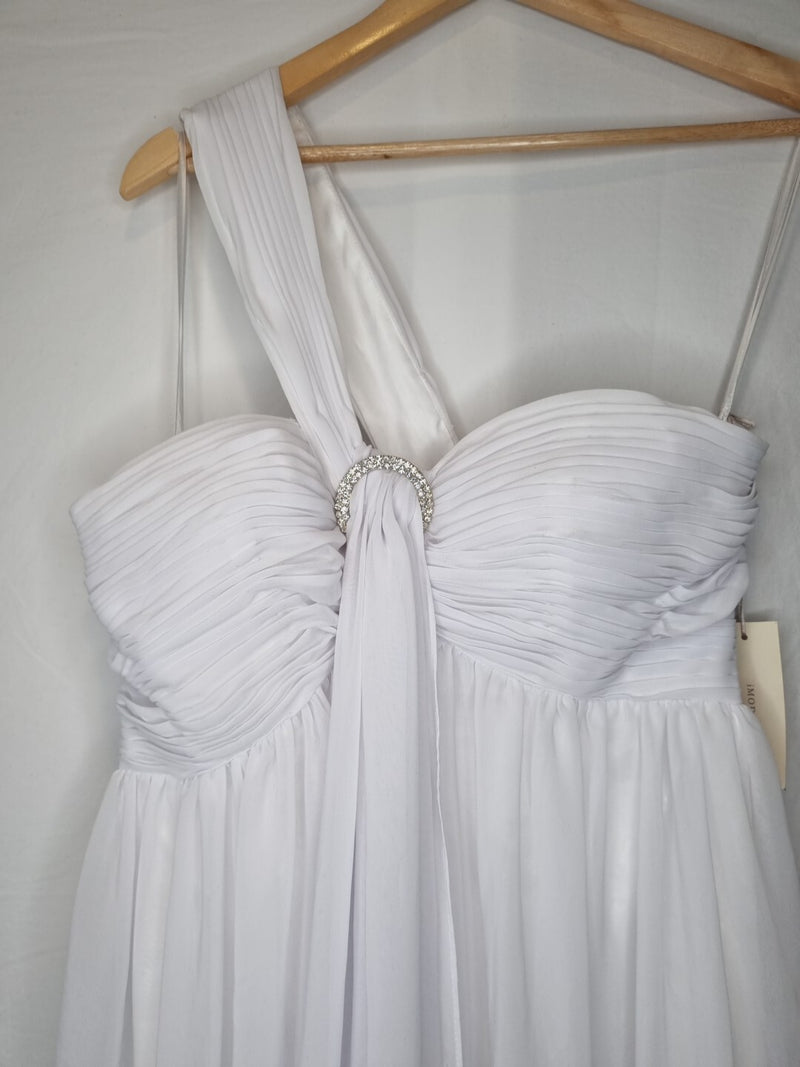 Imoda White Chiffon Ruched Crystal One Shoulder Empire Wedding Dress Sz 123
