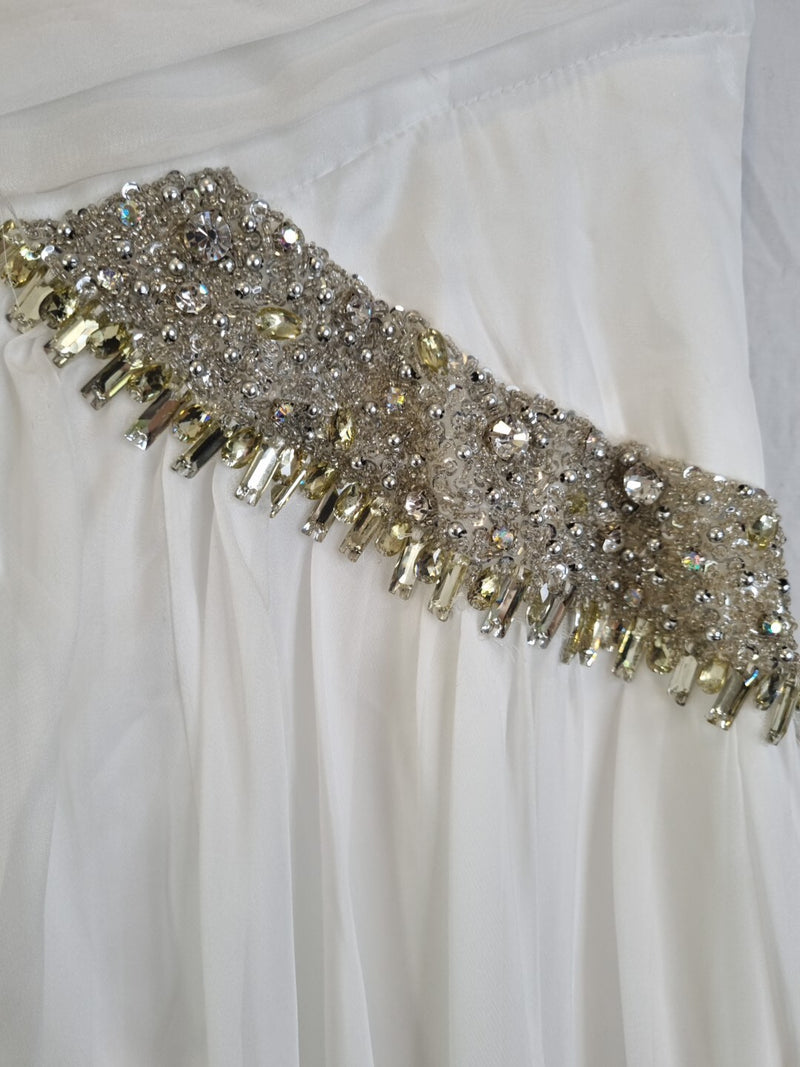 Imoda Ivory Chiffon One Shoulder Ruched Crystal Diamante Bead Wedding Dress Sz 810