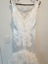 White satin applique organza ruffled wedding dress size 106