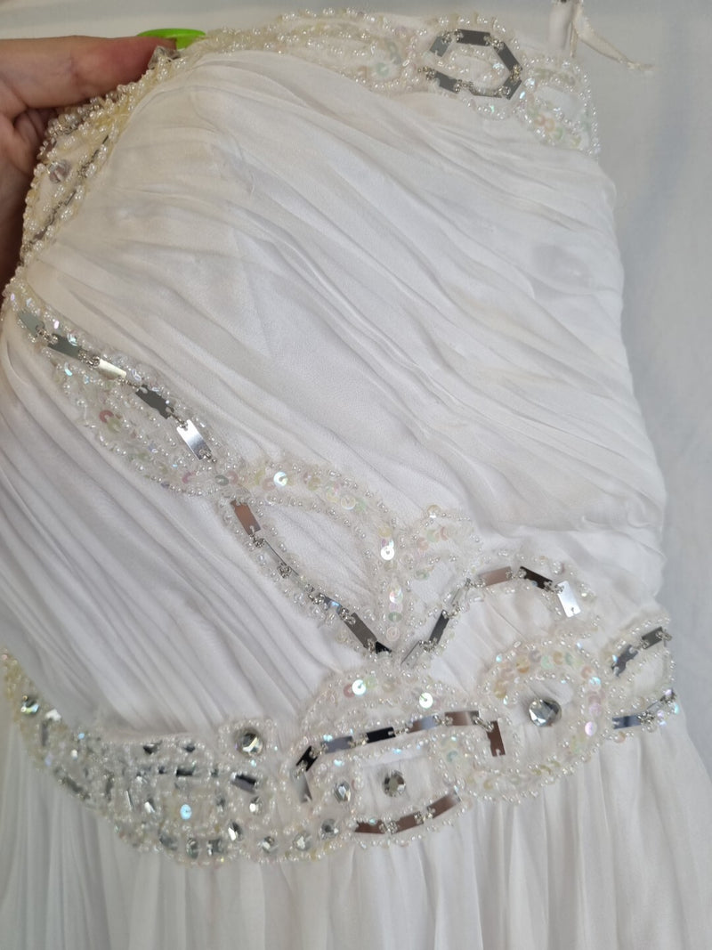 Imoda White Chiffon Sweetheart Ruched Beaded Pearl Wedding Dress Sz 103