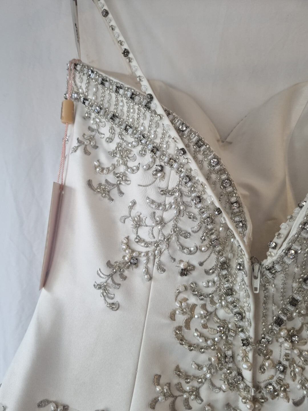 iModa Ivory Satin A-line Beaded Diamante Embroidered Strapped Dress Sz 1015