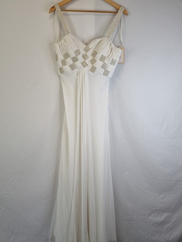 Imoda Ivory Chiffon Sweetheart Ruched Crystal Beaded Wedding Dress Sz 100