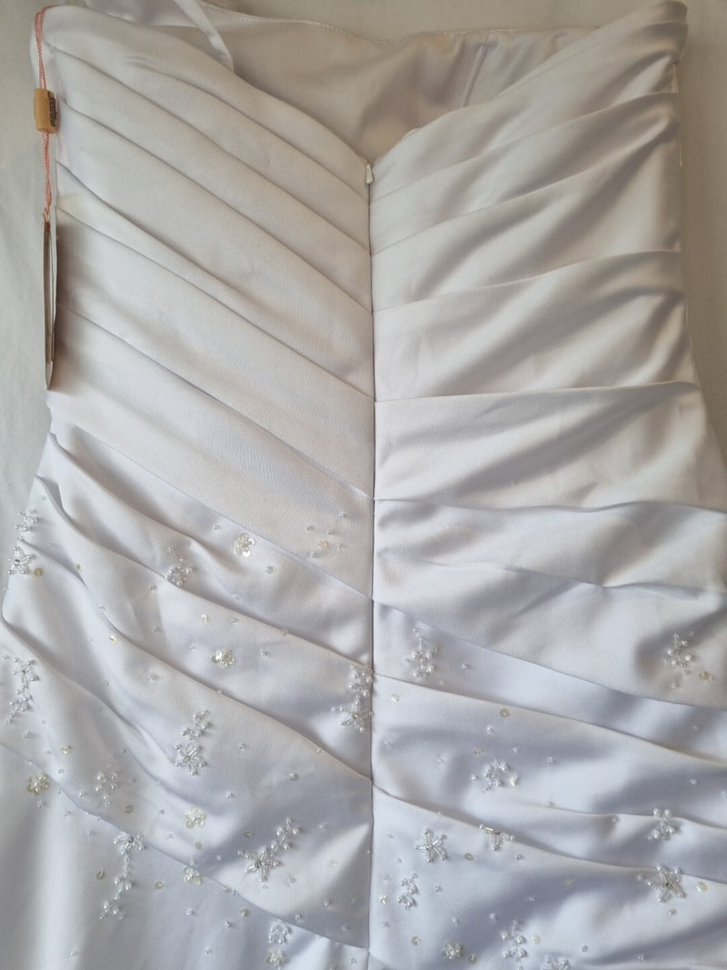 iModa White Satin A-line Beaded Sequin Pleated One Shoulder Wedding Dress Sz 1017