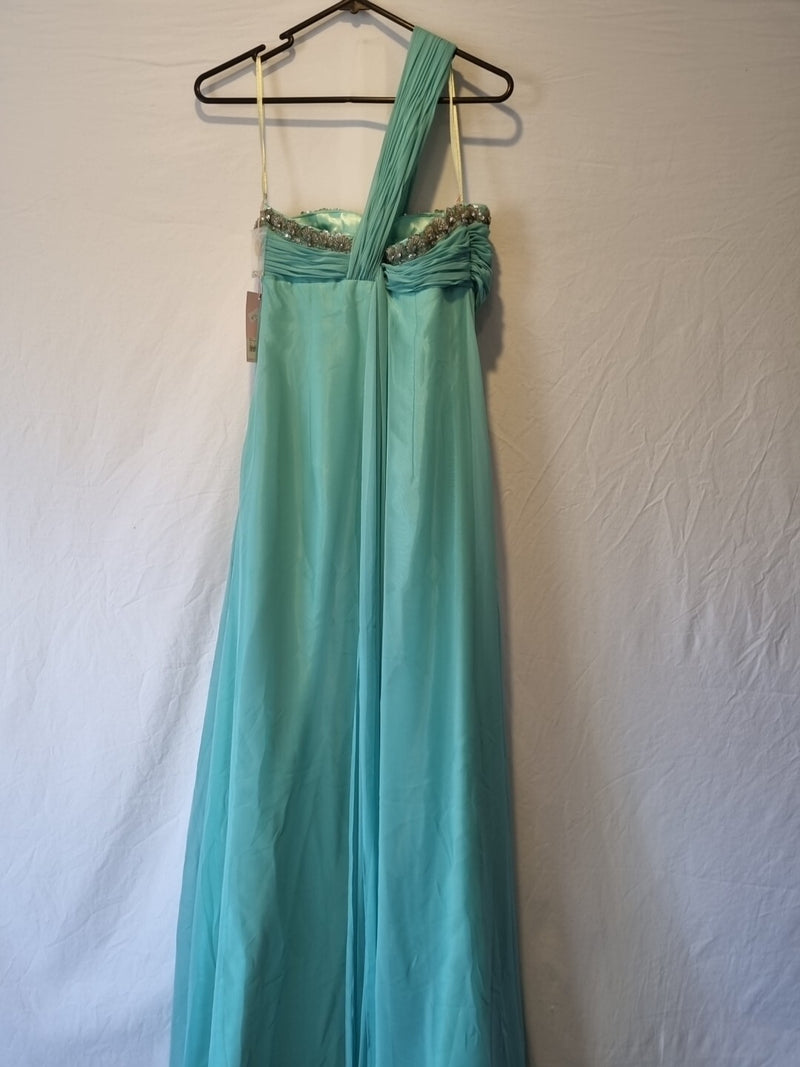 Imoda Chiffon Turquoise Ruched Beaded One Shoulder Evening Bridesmaid Dress Sz 86