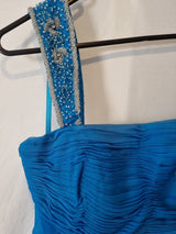 Imoda Chiffon Blue Ruched Beaded One Shoulder Evening Bridesmaid Silk Dress Sz108