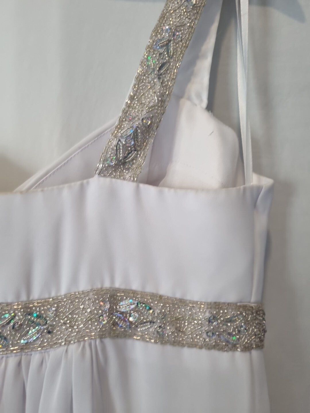 Imoda White Chiffon Sweetheart Beaded Ruched Empire Wedding Dress Sz 812
