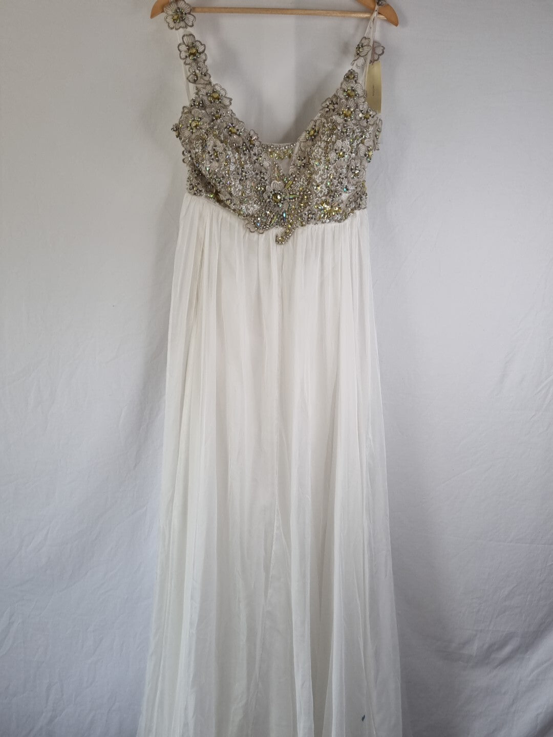 Imoda Ivory Chiffon Ruched Crystal Diamante Beaded Flowers Wedding Dress Sz 140