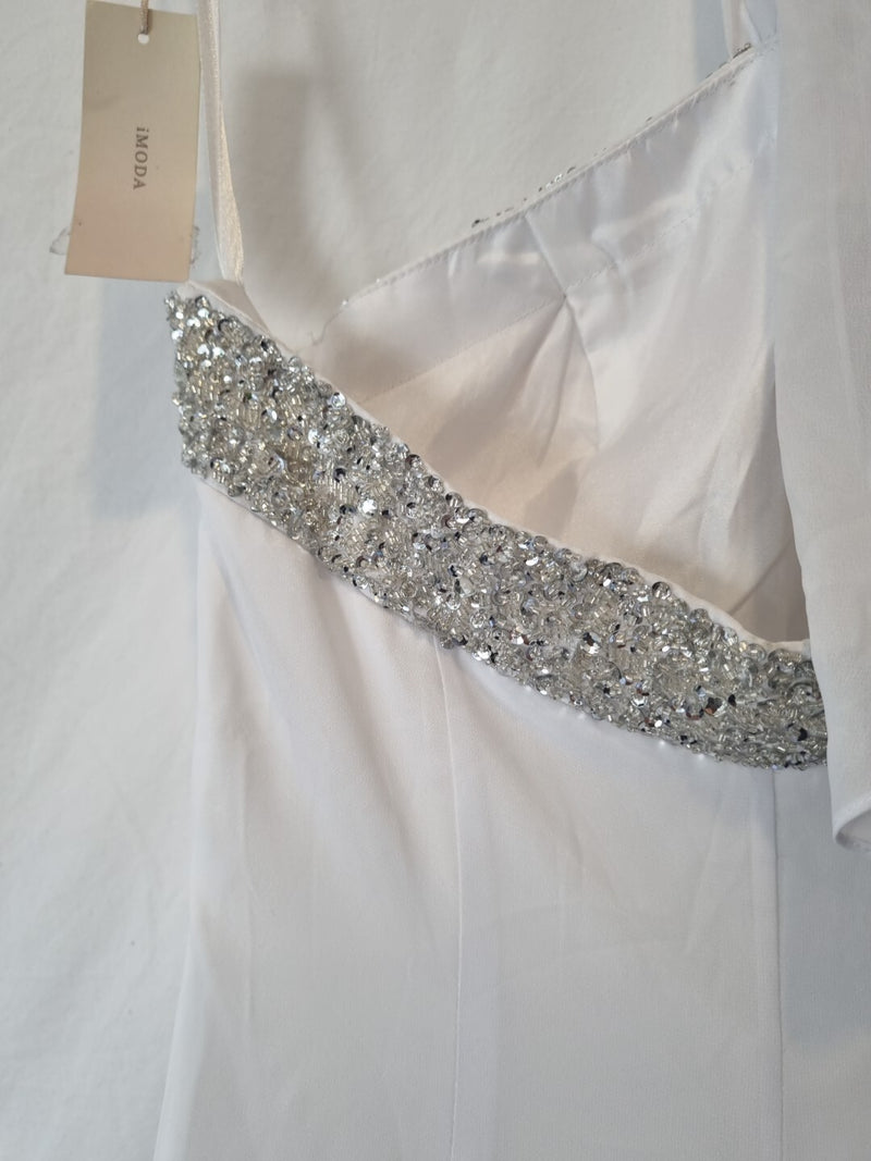 Imoda White Chiffon Beaded Ruch Halter Neck Empire Wedding Dress Sz 1212