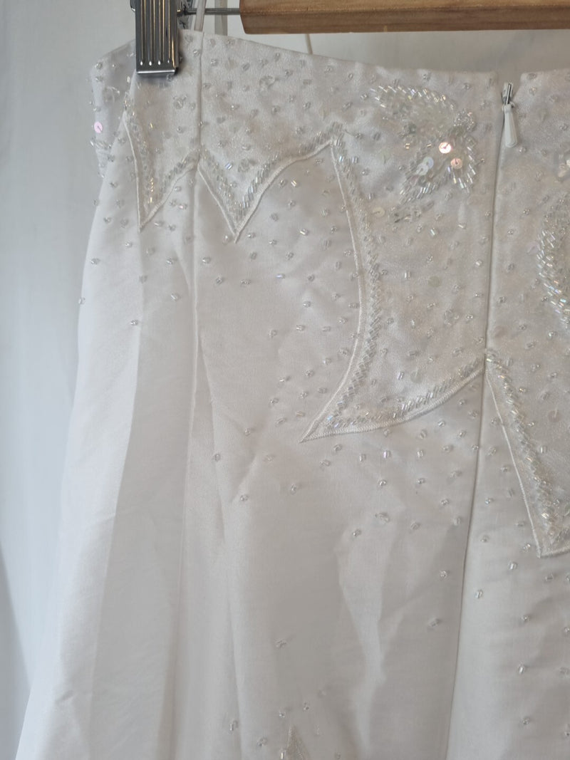 iModa White Taffeta A-line Beaded Sequin Embroidered Strapless/strap Dress Sz 1412