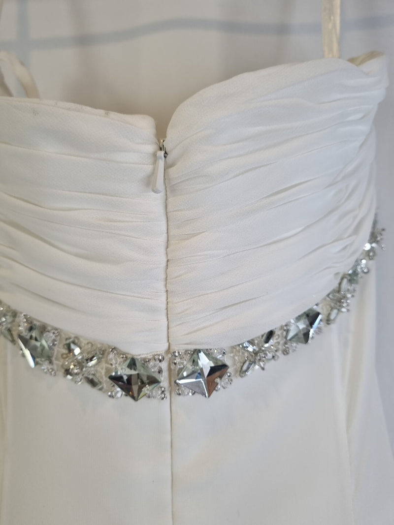 Imoda Ivory Chiffon Ruched Crystal Beaded Train Wedding Dress Sz 814