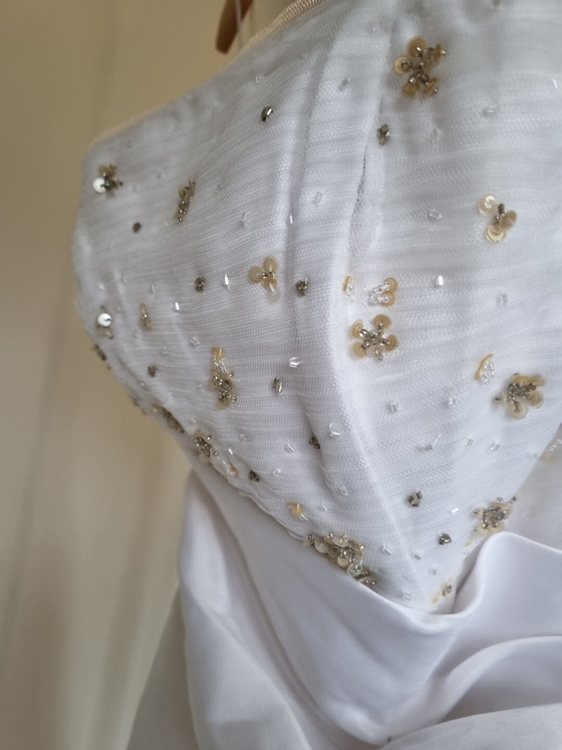 iModa White Straps/strapless Beaded Sequin Tulle Pleated Satin Backless Dress 1012