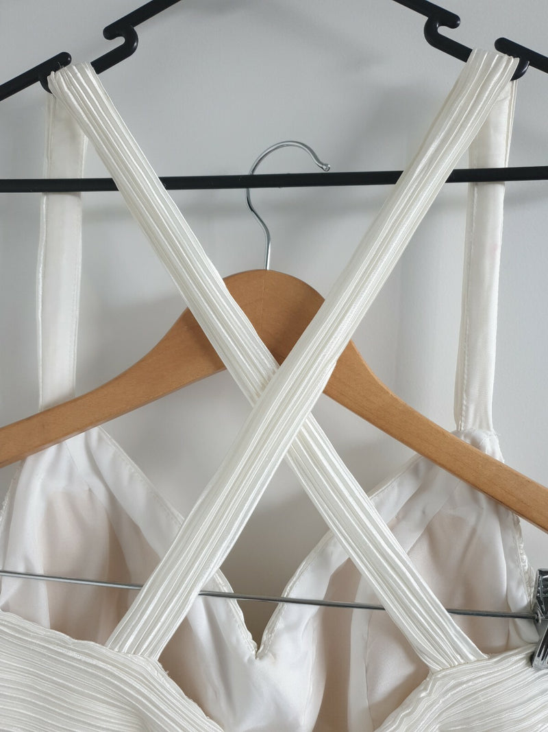 Angeline ivory satin ruched pleated cross back wedding maid honour dress size 129