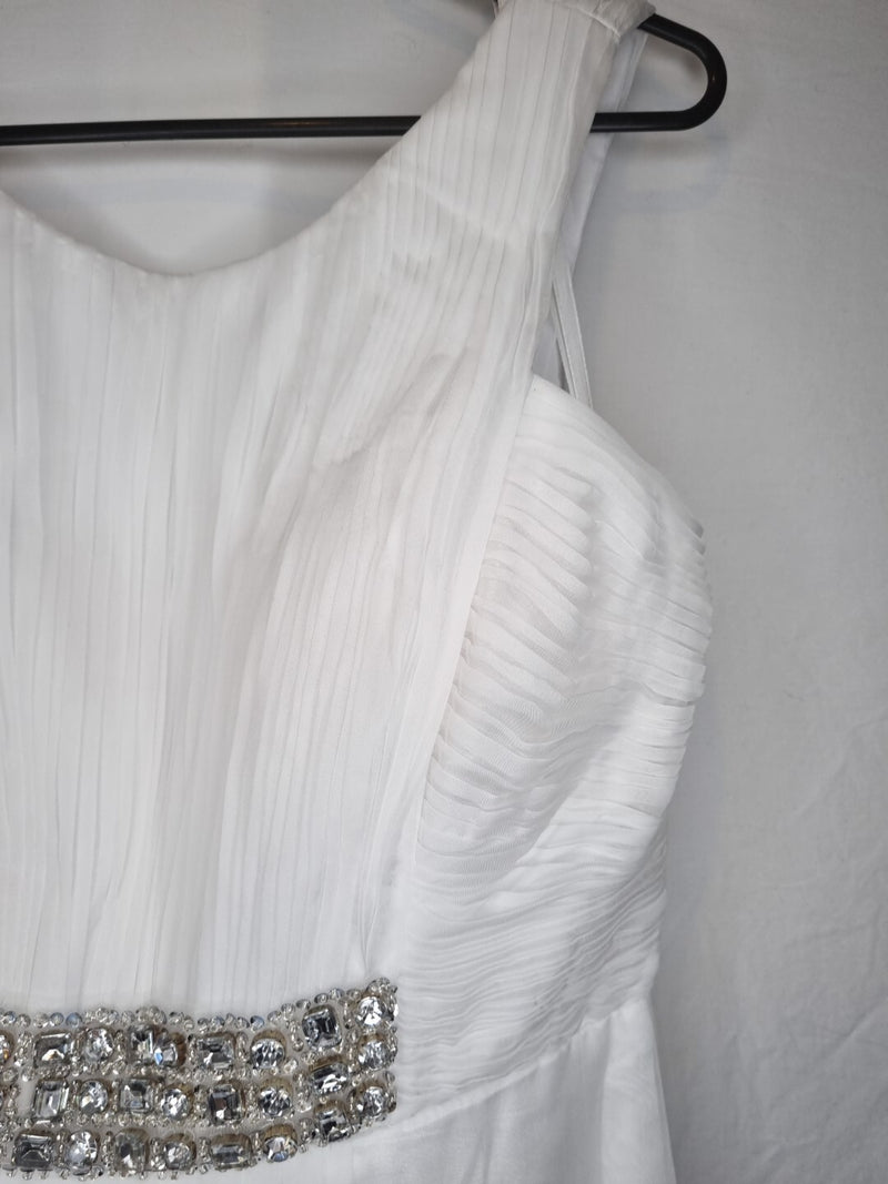 Imoda White Chiffon Ruched Pleated Crystal Grecian Empire Wedding Dress Sz 84