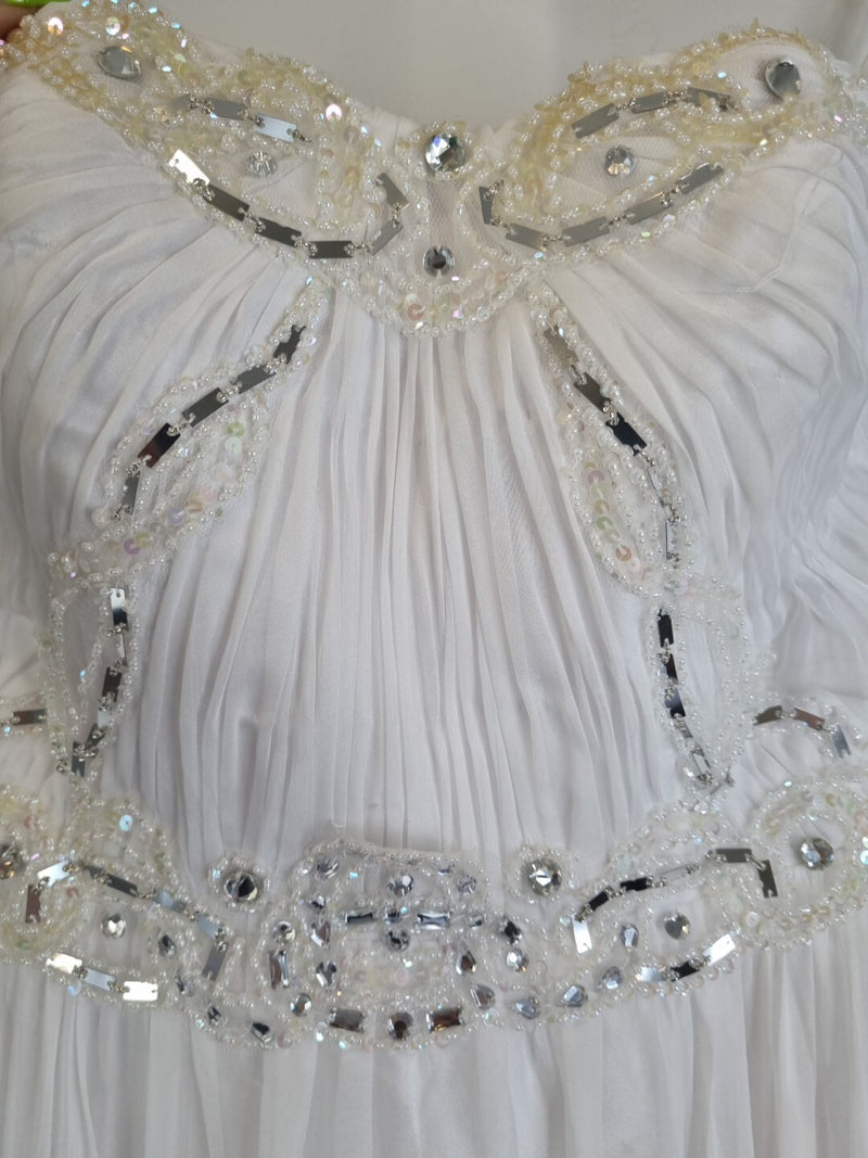 Imoda White Chiffon Sweetheart Ruched Beaded Pearl Wedding Dress Sz 105