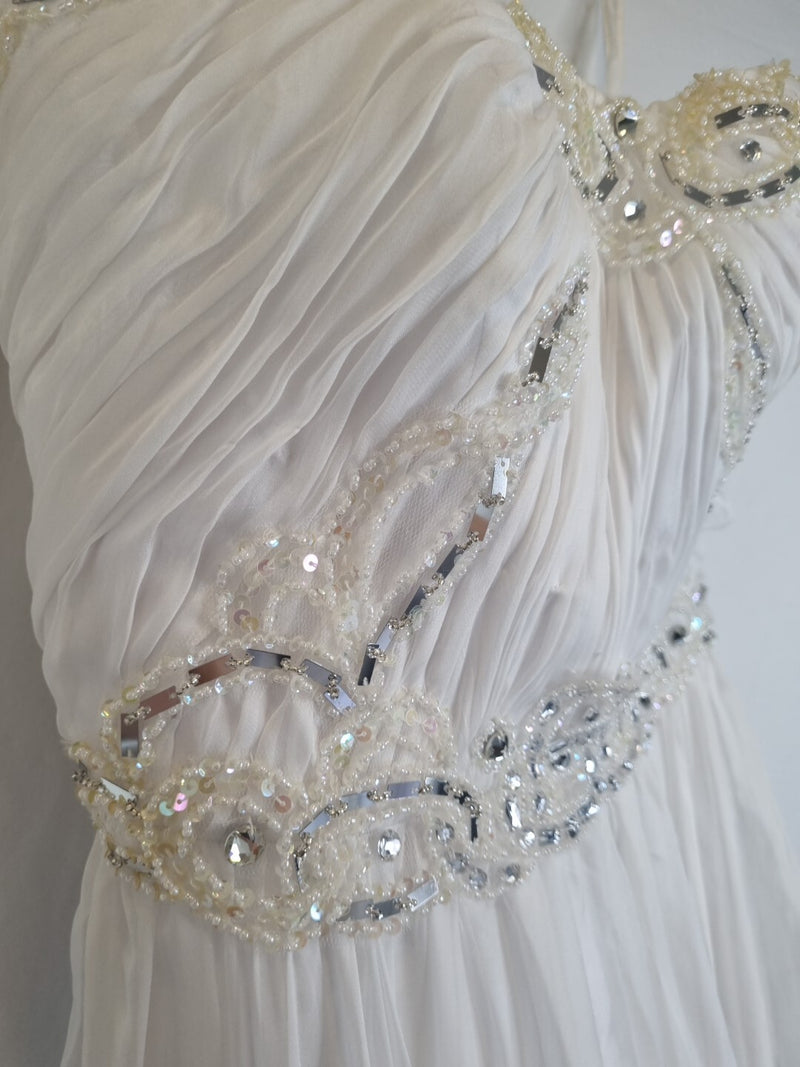 Imoda White Chiffon Sweetheart Ruched Beaded Pearl Wedding Dress Sz 104