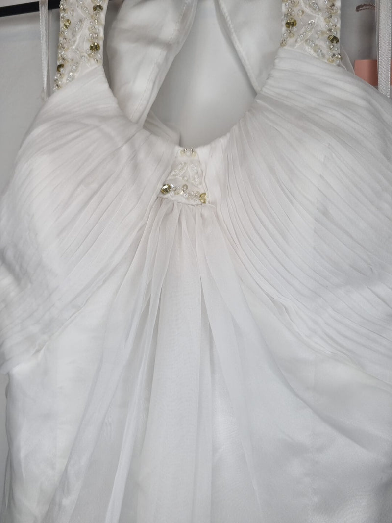 Imoda White Chiffon Ruched Beaded Round Neck High Back Wedding Dress Sz 104