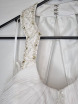 Imoda White Chiffon Ruched Beaded Round Neck High Back Wedding Dress Sz 1018