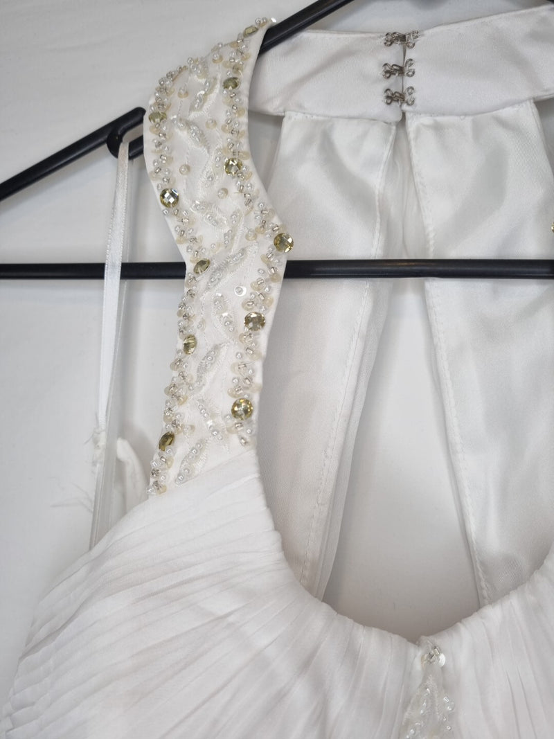 Imoda White Chiffon Ruched Beaded Round Neck High Back Wedding Dress Sz 1018