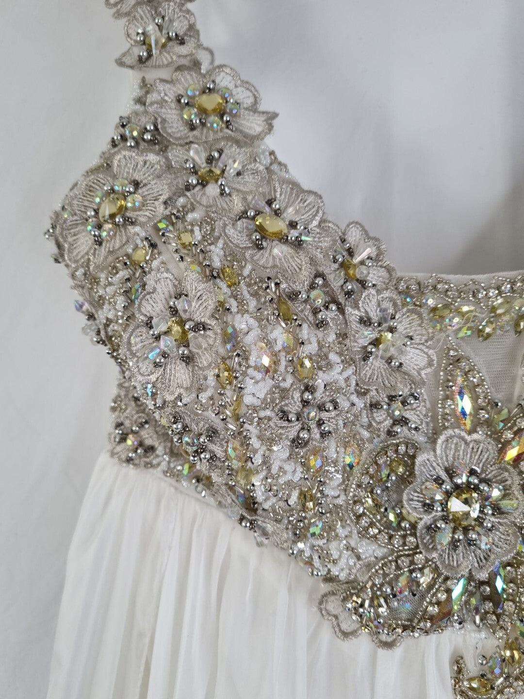Imoda Ivory Chiffon Ruched Crystal Diamante Beaded Flowers Wedding Dress Sz 145