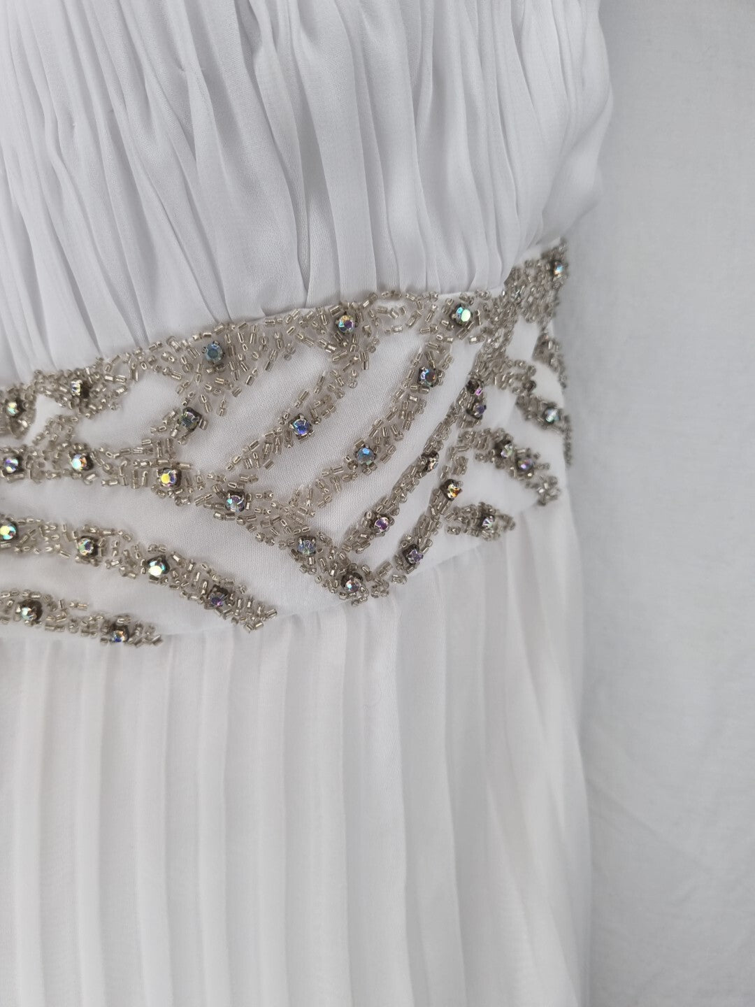 Imoda White Chiffon Ruched Pleated Beaded Grecian Empire Wedding Dress Sz 127