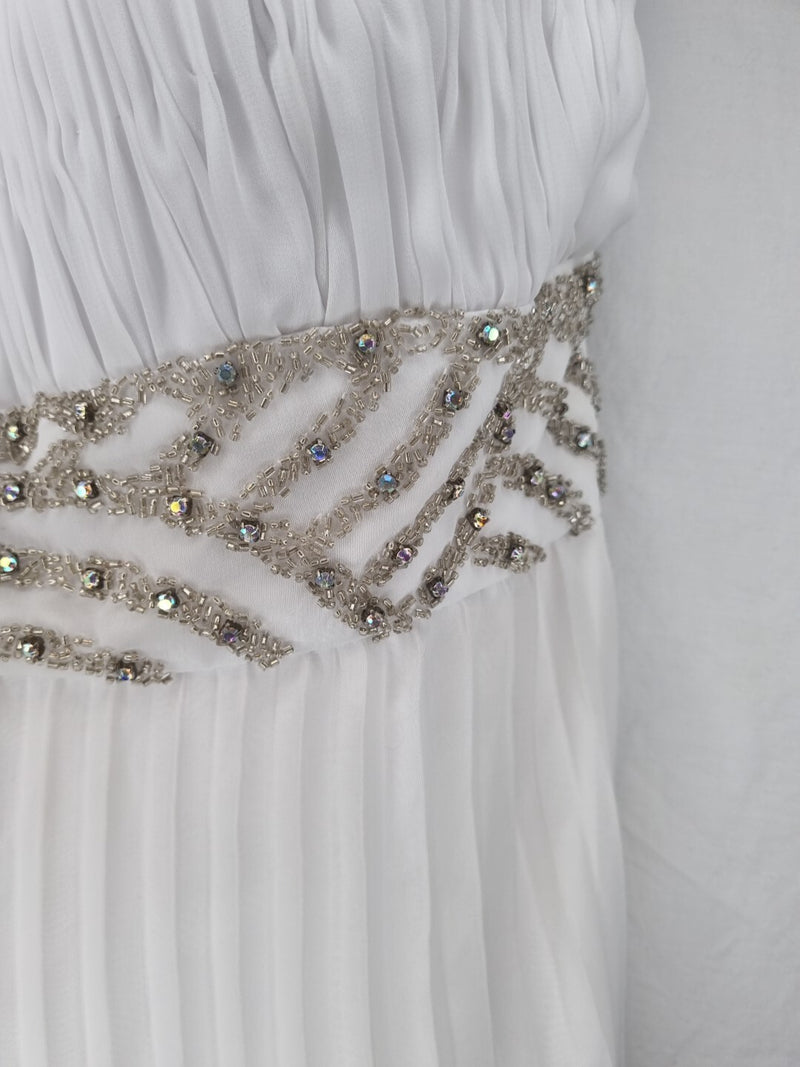 Imoda White Chiffon Ruched Pleated Beaded Grecian Empire Wedding Dress Sz 127
