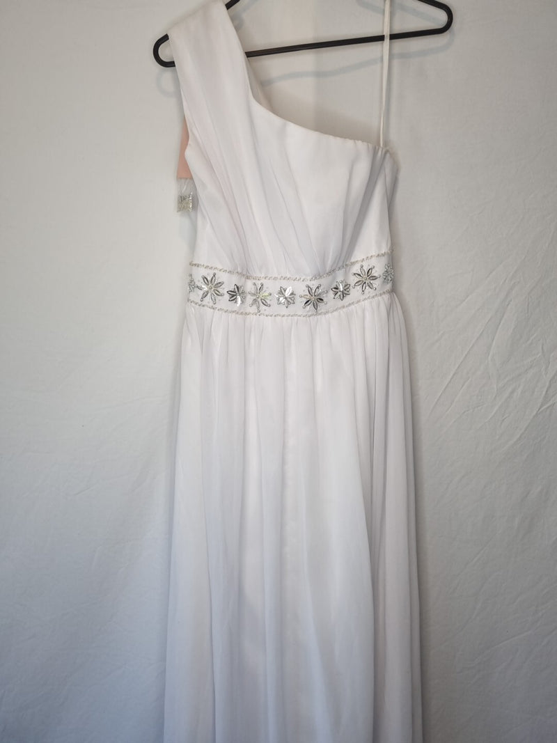Imoda White Chiffon Gathered Beaded One Shoulder Empire Wedding Dress Sz 126