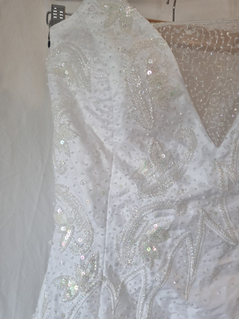 iModa White Taffeta A-line Beaded Sequin Embroidered Strapless/strap Dress Sz 143