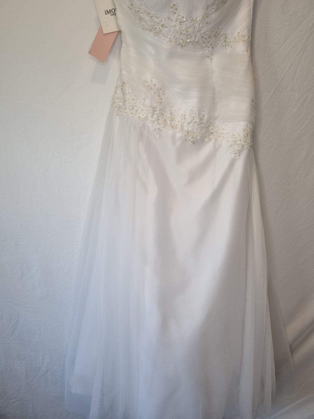 Imoda White Satin Tulle Beaded Applique Ruched Wedding Dress Sz 126